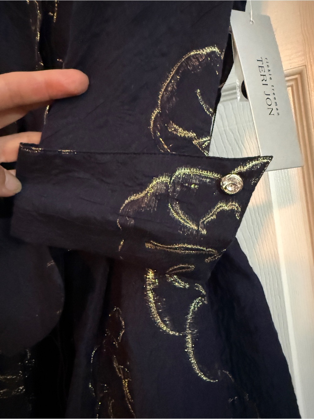 Teri Jon Navy and Gold Jacquard Shirt Waist Dress with Floral Embroidery - Picture 4 of 8